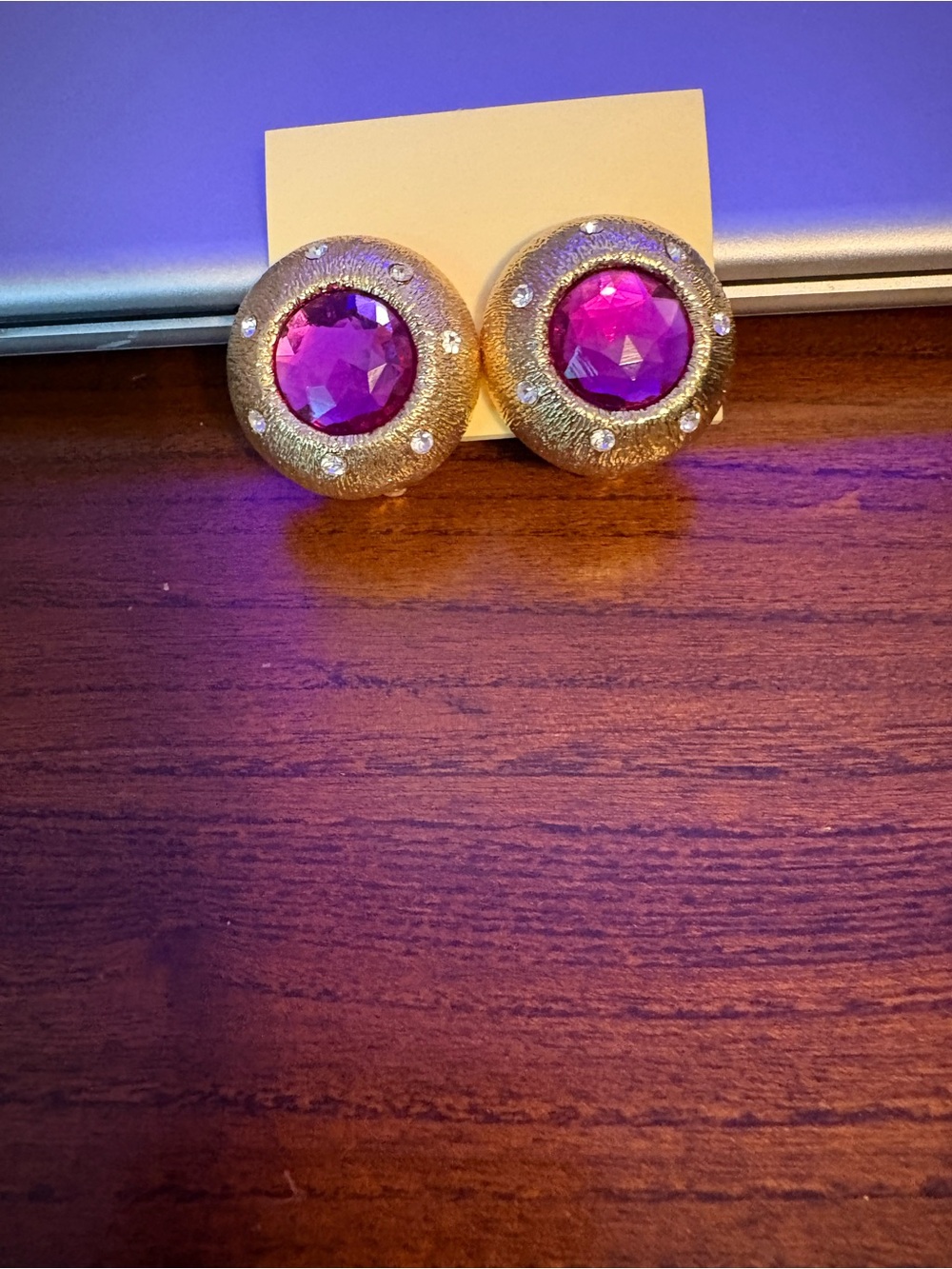 Gold-Tone Button Earrings with Fuchsia Center Gems